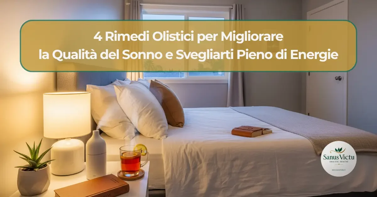 Banner dell&#039;articolo sui rimedi olistici per migliorare la qualità del sonno, con una camera da letto serena.