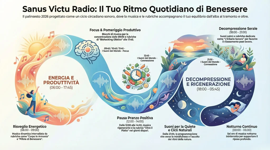 Palinsesto Sanus Victu Radio: infografica del ritmo quotidiano di benessere e ciclo circadiano sonoro.