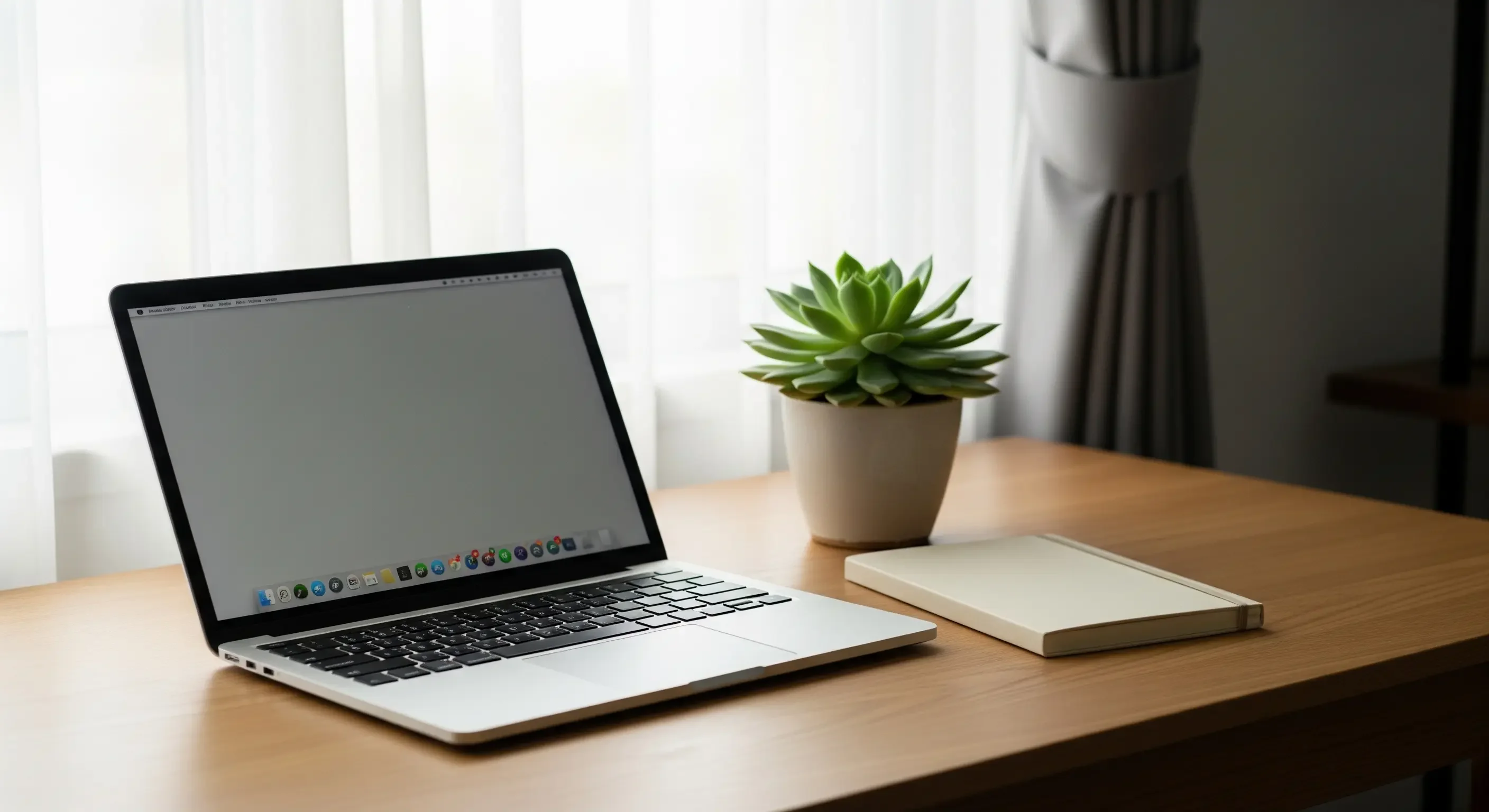 Scrivania in legno ordinata e minimalista, risultato del decluttering per uno spazio mindful, con laptop e una piccola pianta grassa.