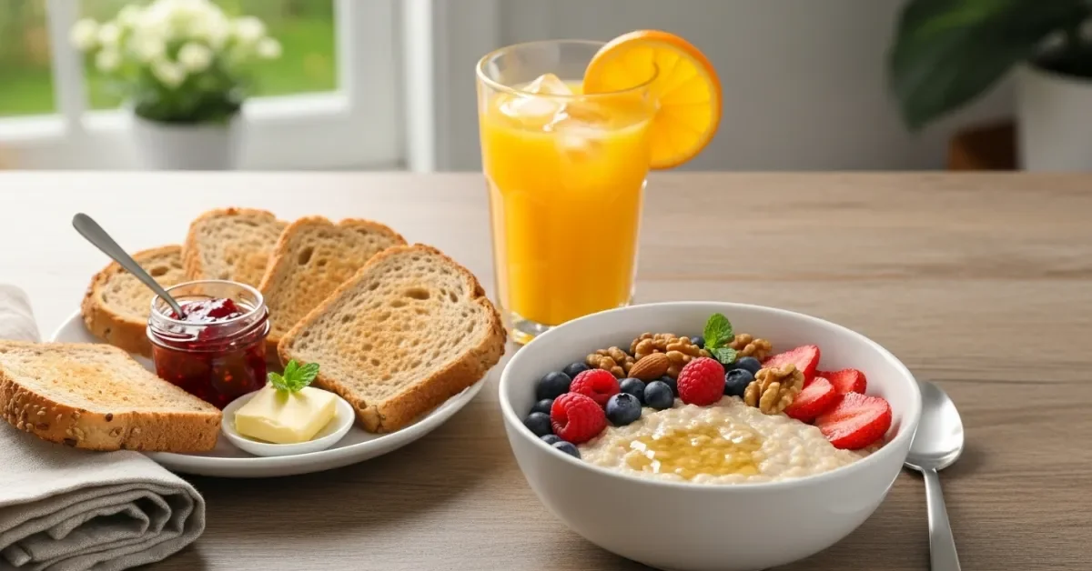 il-diario-di-sanus-victu-190725-2.webp Colazione sana ed energetica per una routine di benessere: porridge con frutti di bosco e noci, toast, marmellata e spremuta d'arancia.