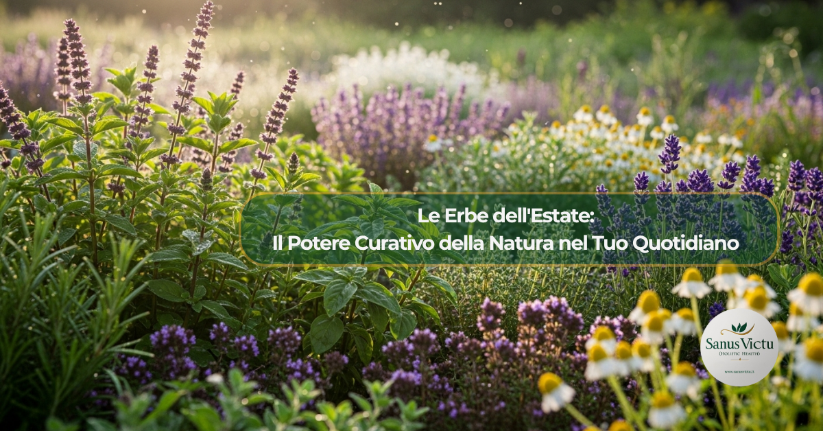 Campo di erbe estive fresche e rigogliose (menta, lavanda, camomilla), con la luce del sole, simbolo del potere curativo della natura per il benessere olistico Sanus Victu.