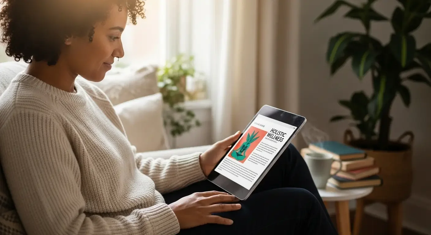 il-primo-sguardo.webp Donna che legge contenuti di benessere olistico su un tablet, simbolo di accesso alla conoscenza e il primo passo nel percorso di consapevolezza di Sanus Victu.