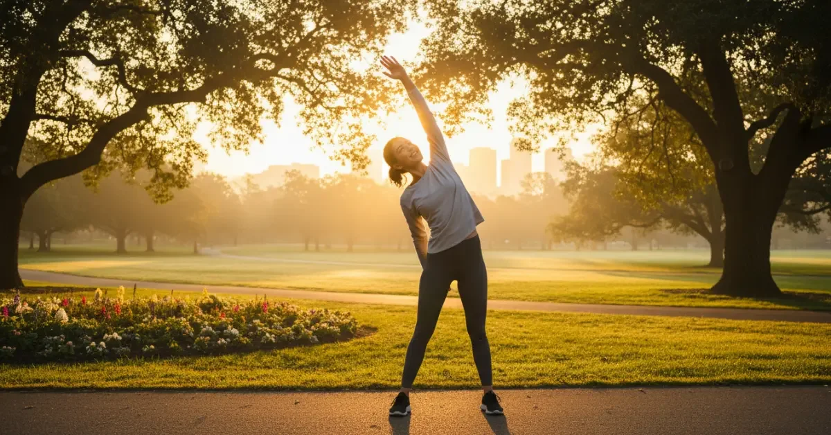 002-281025-©2025-sanusvictu.webp Donna piena di energia che fa stretching in un parco all'alba, con il sole che illumina la scena, a rappresentare l'aumento di vitalità ed energia derivante dalla pratica della mindfulness.