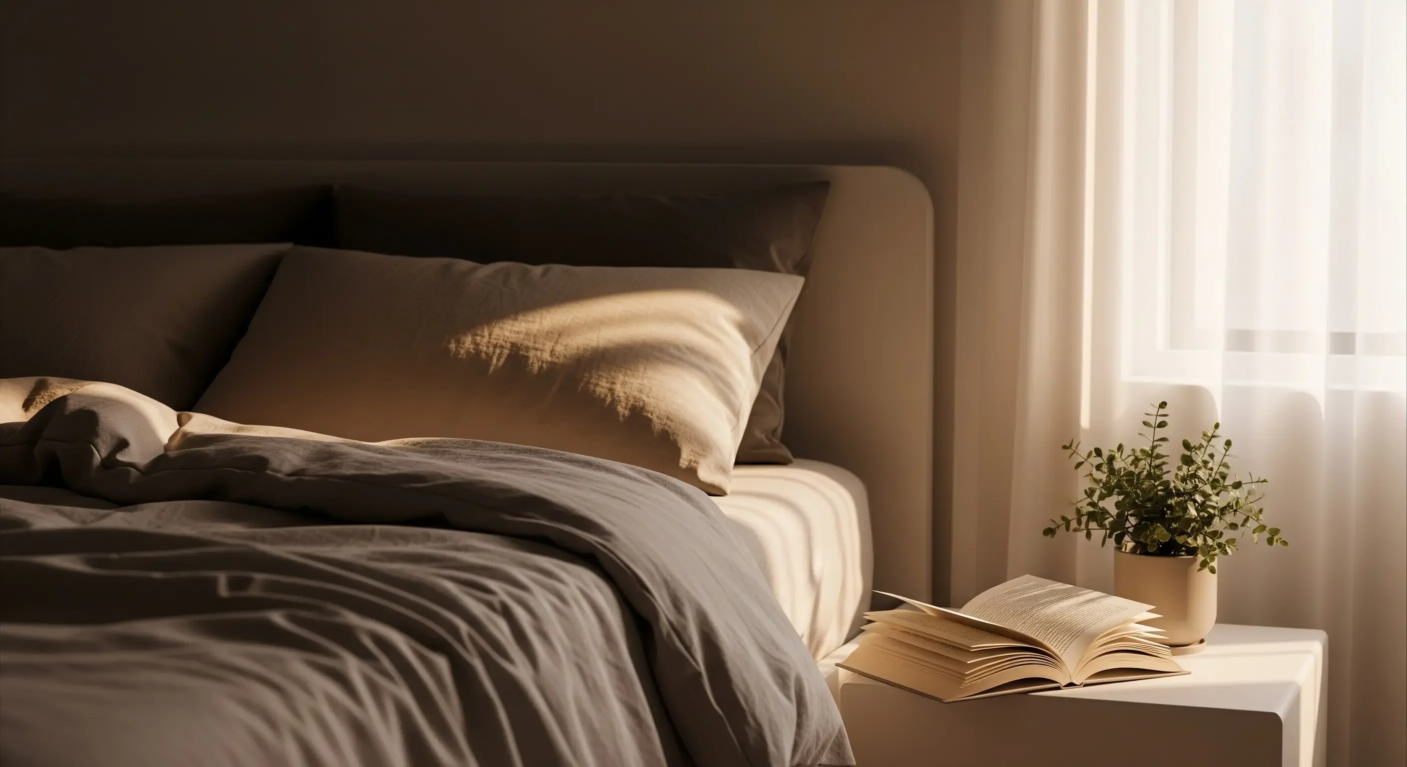 Camera da letto serena e minimalista con luce solare che entra dalla finestra, letto sfatto e un libro aperto sul comodino, simboleggiando l'importanza del sonno di qualità e del riposo per ricaricare l'energia.