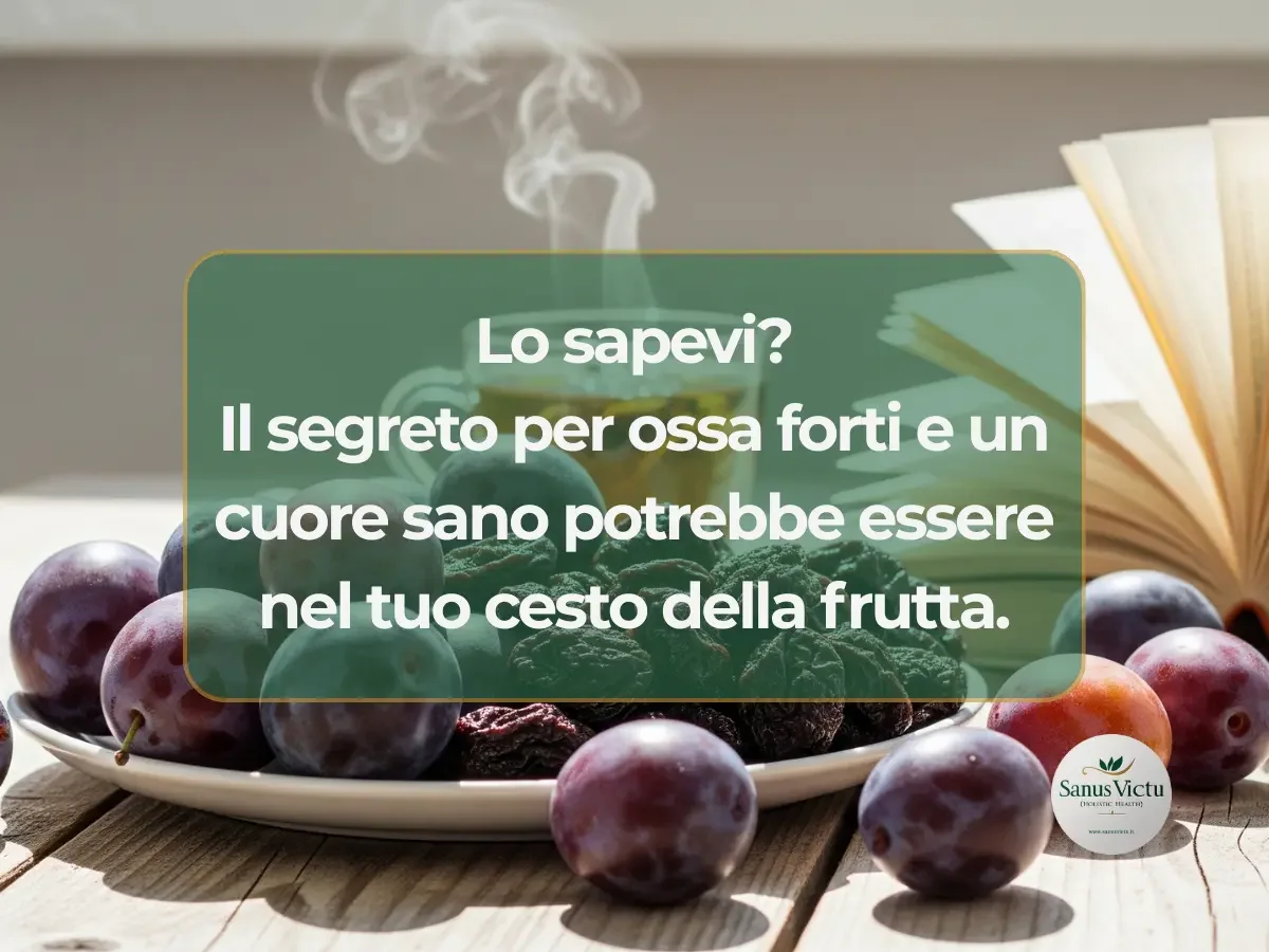Susine fresche e una tazza di tè su un tavolo di legno, banner dell&#039;articolo sui benefici delle prugne per ossa e cuore di Sanus Victu.