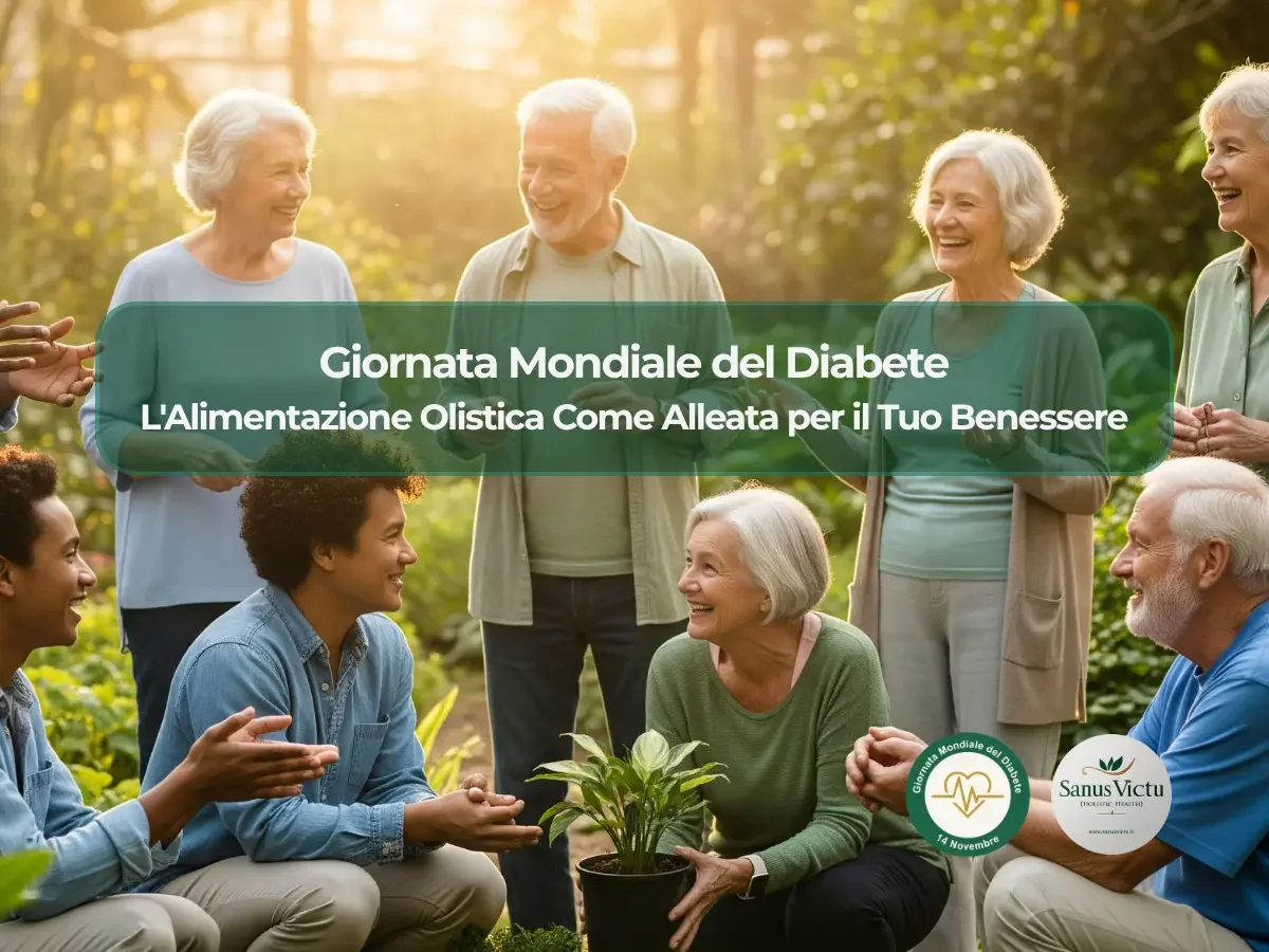 Gruppo di persone di età diverse in un giardino celebrano la Giornata Mondiale del Diabete. L&#039;immagine rappresenta l&#039;alimentazione olistica come supporto per il benessere.