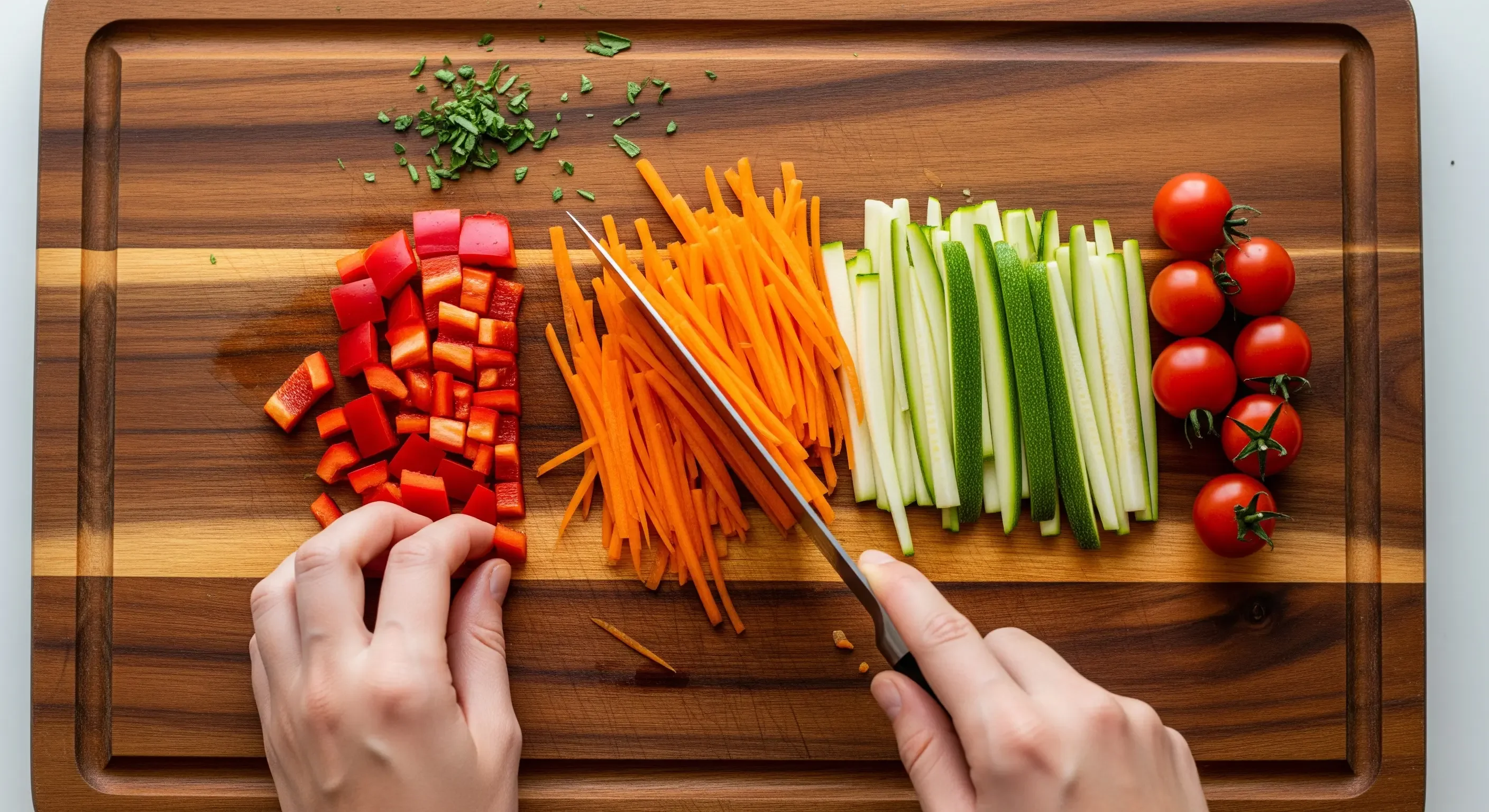 Cucinare con consapevolezza: mani che tagliano verdure fresche e colorate, godendosi il processo di preparazione del cibo.