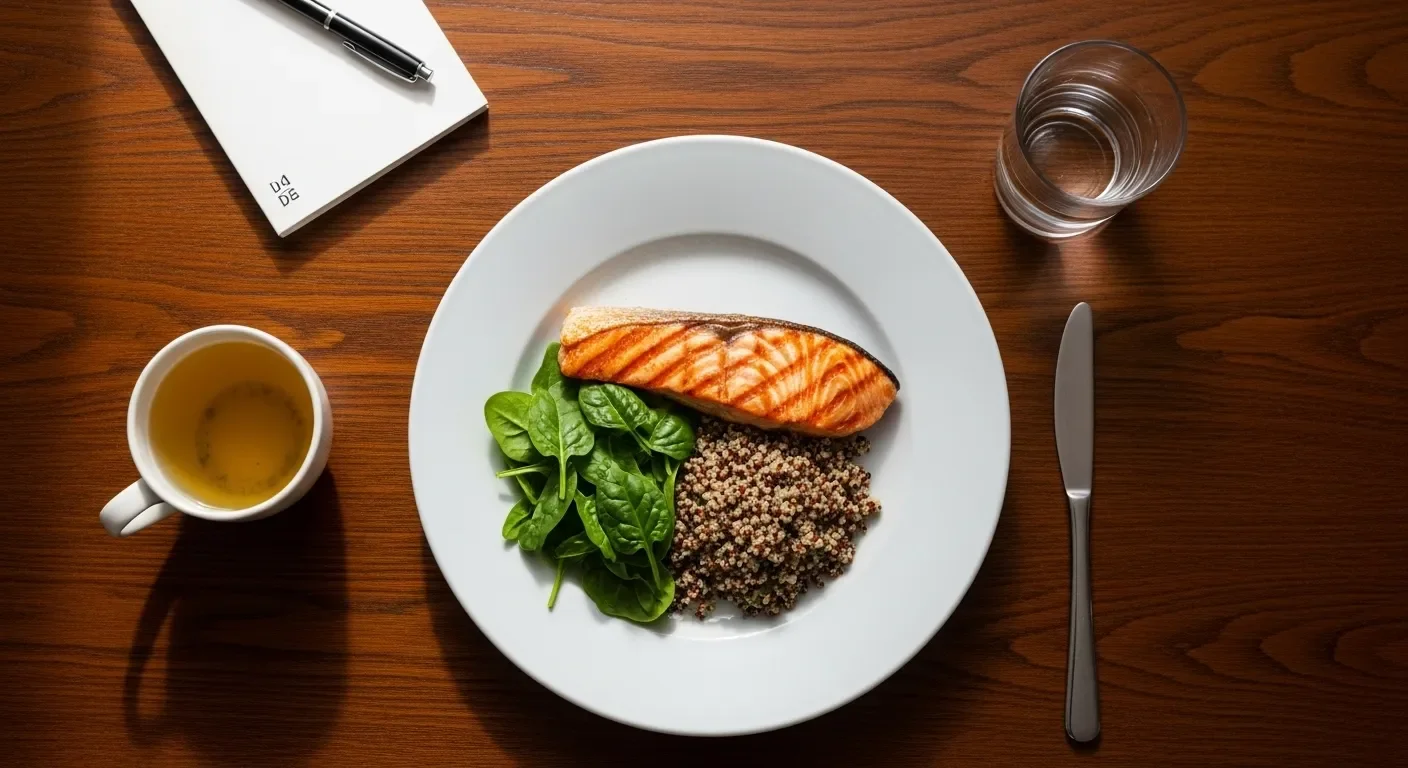 immagine_3.webp Esempio di pranzo sano per la performance lavorativa: piatto con salmone ricco di omega-3, quinoa e spinaci per migliorare il focus mentale.
