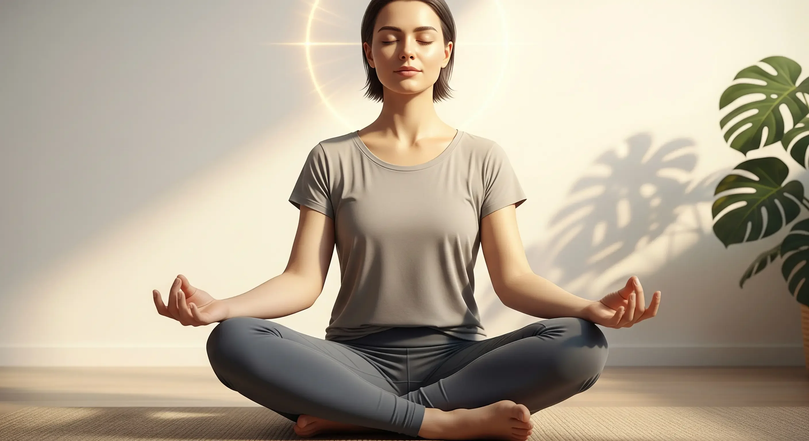 Donna in posizione di meditazione seduta a gambe incrociate, con occhi chiusi e un sottile bagliore luminoso intorno alla testa, che rappresenta chiarezza mentale, focus e concentrazione.