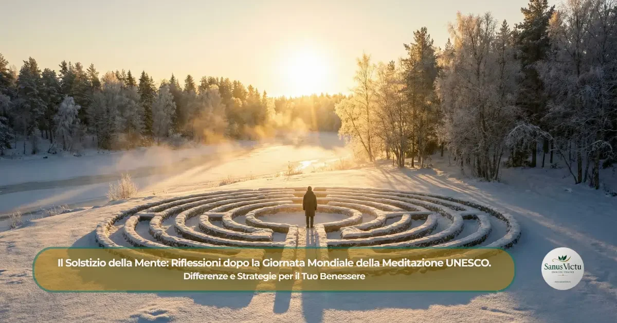Persona al centro di un labirinto tracciato nella neve in un bosco durante il solstizio di inverno, simbolo di ricerca interiore e meditazione.