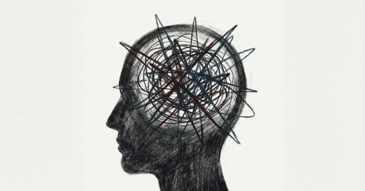 Illustrazione concettuale dello stress e del caos mentale, con una testa umana piena di scarabocchi.