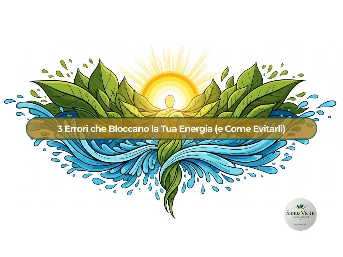 Illustrazione olistica vibrante con elementi naturali (foglie, acqua, sole) e una figura stilizzata che irradia luce, simboleggiando energia e vitalità. Il titolo &quot;3 Errori che Bloccano la Tua Energia&quot; è sovrapposto al centro.