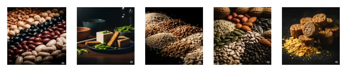 fonti-di-proteine-vegetali.webp Cinque immagini affiancate di alta qualità che presentano un'ampia varietà di fonti proteiche vegetali. Da sinistra a destra: una composizione diagonale di lenticchie, ceci, fagioli neri, borlotti e cannellini; tofu, tempeh e baccelli di edamame su un piatto scuro; file di quinoa, farro, orzo e avena; un mix di semi di canapa, semi di zucca, semi di girasole, mandorle e arachidi; e pezzi di seitan accanto a un mucchio di lievito alimentare in scaglie. Tutte le immagini sono illuminate in modo drammatico con un focus nitido, enfatizzando le texture e i colori naturali.