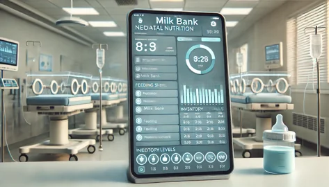 dall·e 2025-04-18 12.08.24 - a photorealistic close-up of a digital interface screen for managing neonatal nutrition and milk bank, designed with a sleek and modern ui. the displa