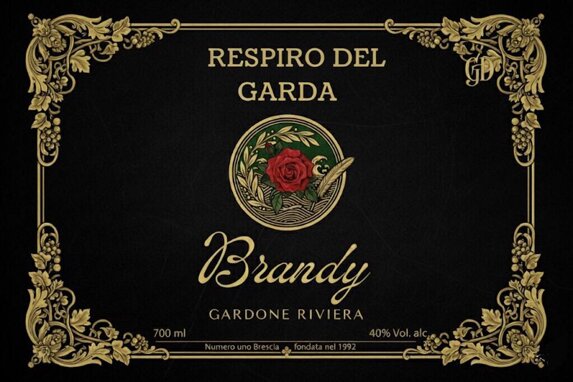 etichetta brandy respiro del garda stile dannunziano con rosa rossa e piuma, nero oro etichetta brandy respiro del garda stile dannunziano con rosa rossa e piuma, nero oro