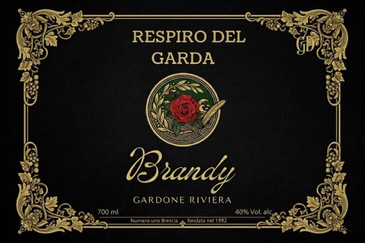 etichetta brandy respiro del garda stile dannunziano con rosa rossa e piuma, nero oro