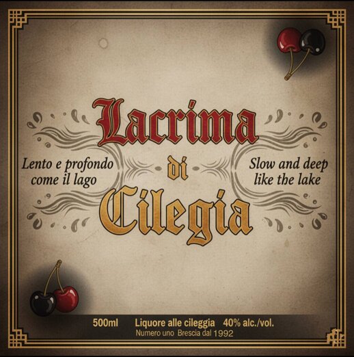 etichetta liquore lacrima di ciliegia con ciliegie stilizzate, sfondo crema e frasi poetiche etichetta liquore lacrima di ciliegia con ciliegie stilizzate, sfondo crema e frasi poetiche