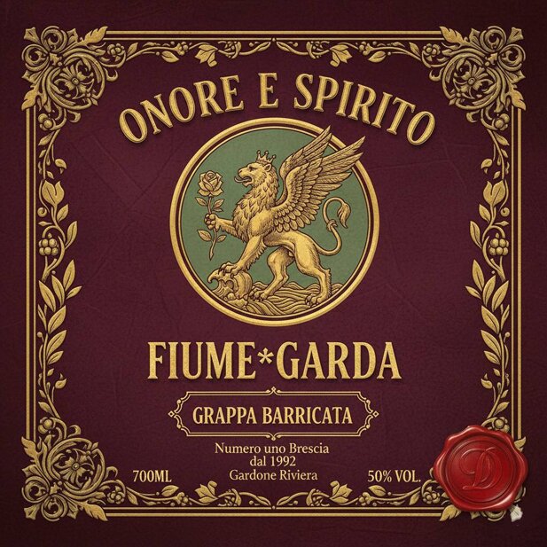 etichetta barricata onore e spirito fiume garda con grifone alato, bordi dorati e sigillo rosso etichetta barricata onore e spirito fiume garda con grifone alato, bordi dorati e sigillo rosso