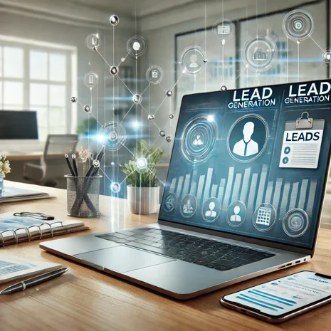 dall·e 2025-01-07 16.05.38 - a realistic and professional depiction of a lead generation concept. the image features a sleek office desk setup with a laptop displaying a lead mana