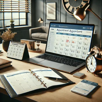 dall·e 2025-01-07 15.51.11 - a realistic depiction of a concept for appointment scheduling. the image features a modern desk setup with a calendar, a clock, and a notebook placed 