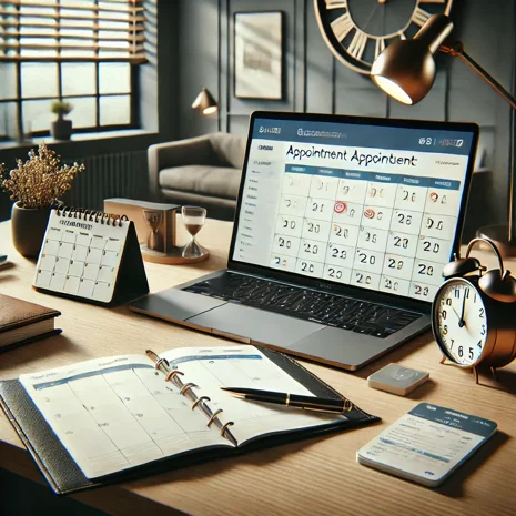 dall·e 2025-01-07 15.51.11 - a realistic depiction of a concept for appointment scheduling. the image features a modern desk setup with a calendar, a clock, and a notebook placed 