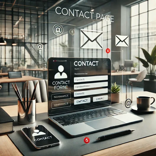 dall·e 2025-01-07 15.37.14 - a realistic depiction of a contact page concept without featuring humans. the image includes a modern office desk setup with communication tools like 