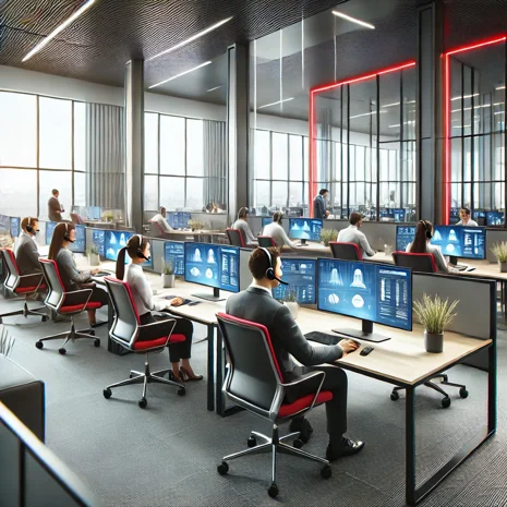 dall·e 2025-01-07 15.14.27 - a realistic depiction of a modern contact center environment with a sleek and professional design. the image features a diverse team of customer servi