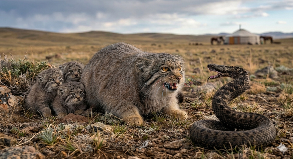 qr5 gatto protegge cuccioli da serpente