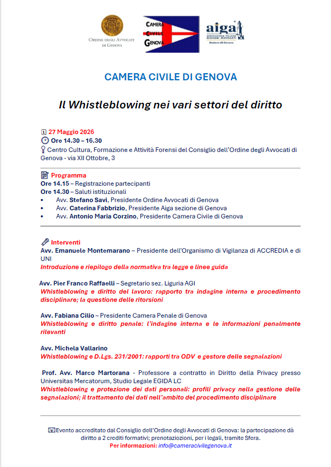 Evento 27 maggio 2026: IL WHISTLBLOWING NEI VARI SETTORI DEL DIRITTO