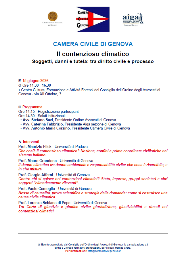 Evento del 15 giugno 2026: Il contenzioso climatico - Soggetti, danni e tutela: tra diritto civile e processo