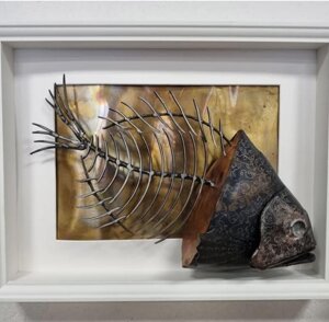 Ferro, ottone, rame, cornice di legno. 40x30x8 cm INVENDITA 40