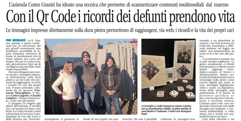 Articolo di giornale sulla tecnologia QR Code di Como Graniti per la memoria digitale