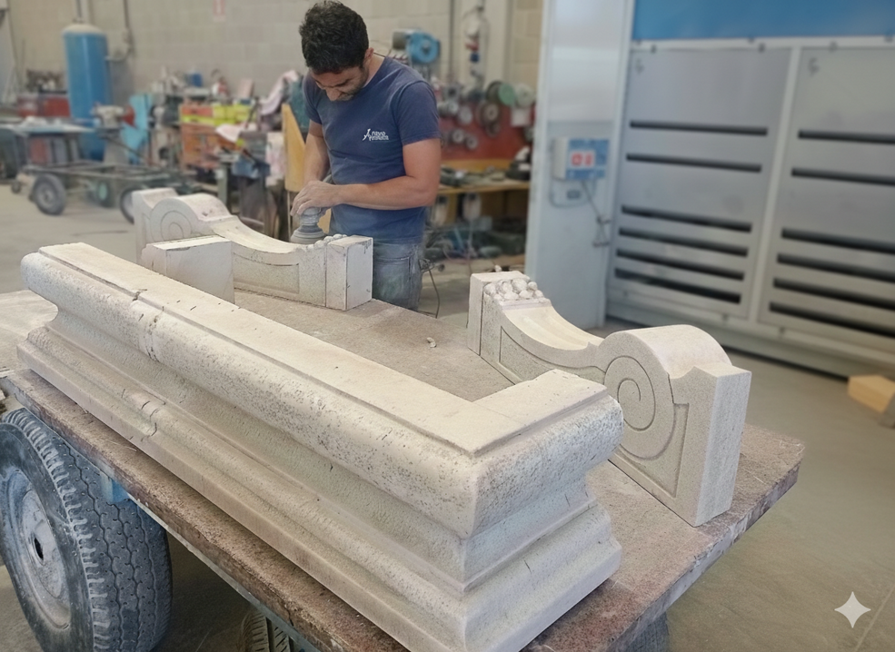 Lavorazione artigianale di un elemento architettonico sagomato in marmo botticino Lavorazione artigianale di un elemento architettonico sagomato in marmo botticino