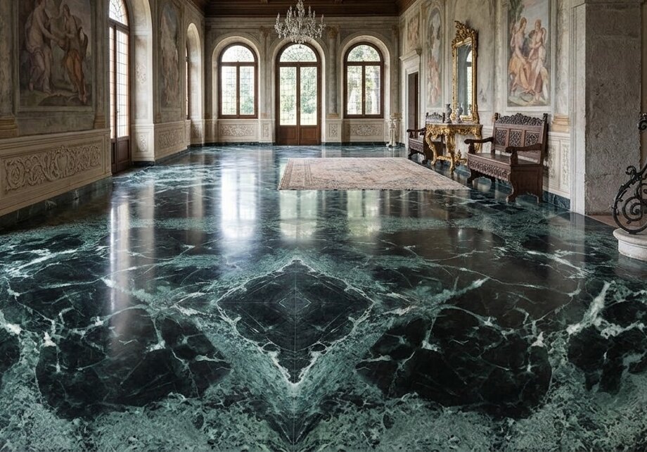 Esempio di pavimento in marmo verde a macchia aperta per salone di villa storica a Como