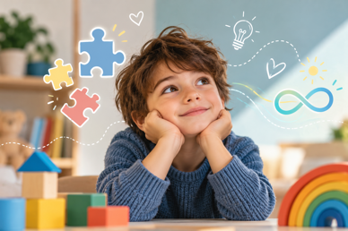 bambino sognante tra giochi e colori