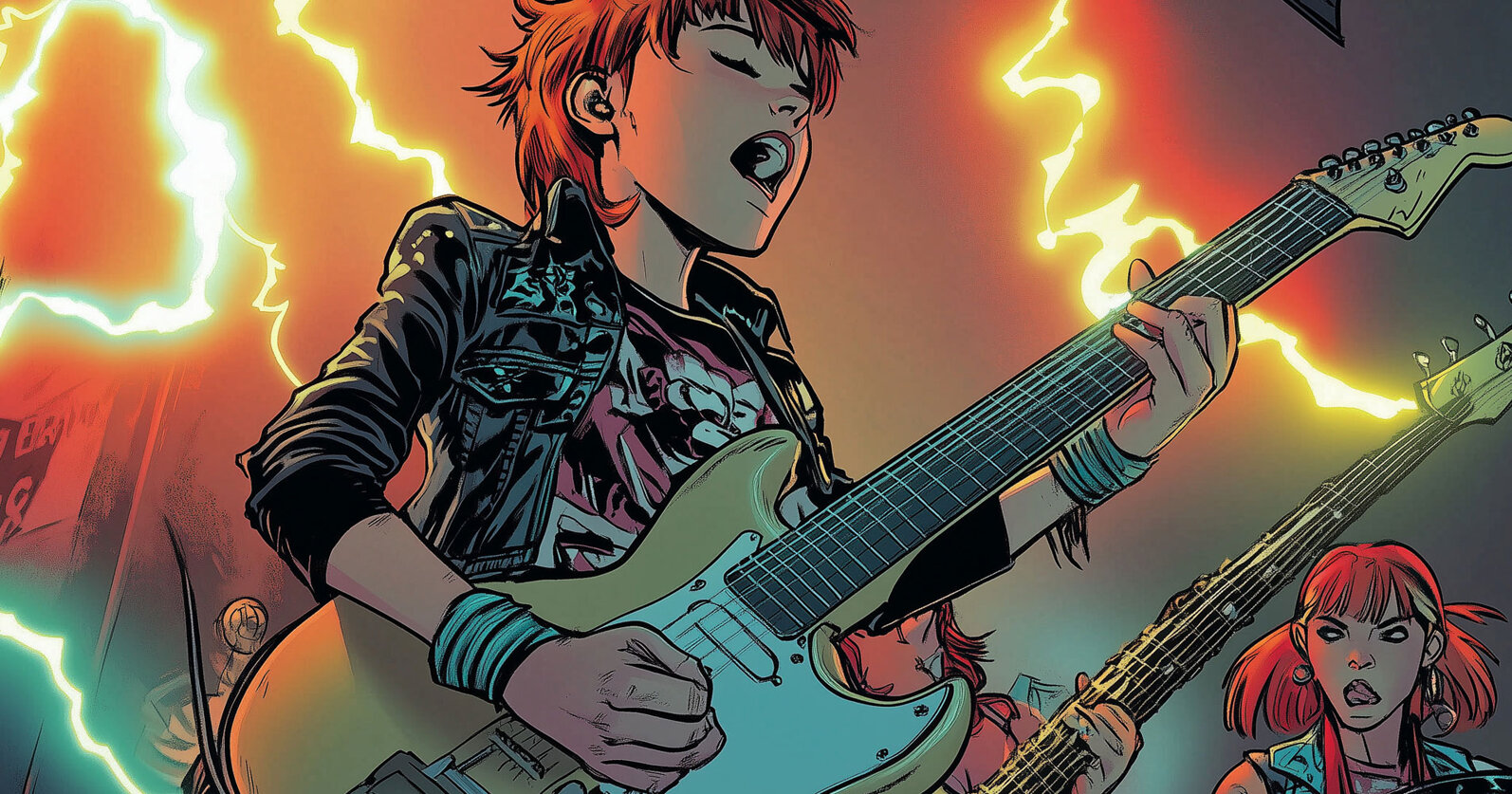 Chitarrista rock in in concerto con tracolla in pelle