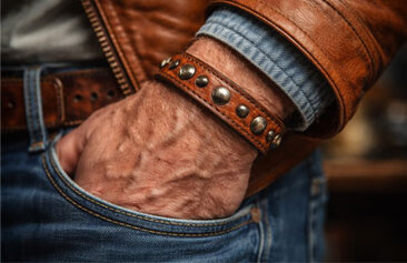 Braccialetti in pelle nera e marrone appoggiati sul tavolo