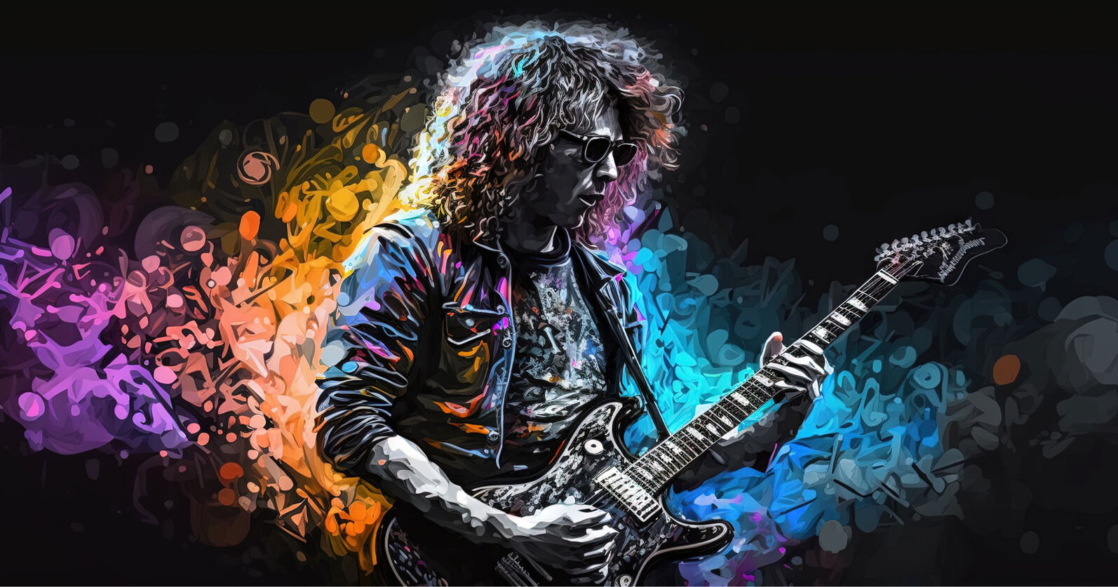 Chitarrista con occhiali da sole e giubbino di pelle