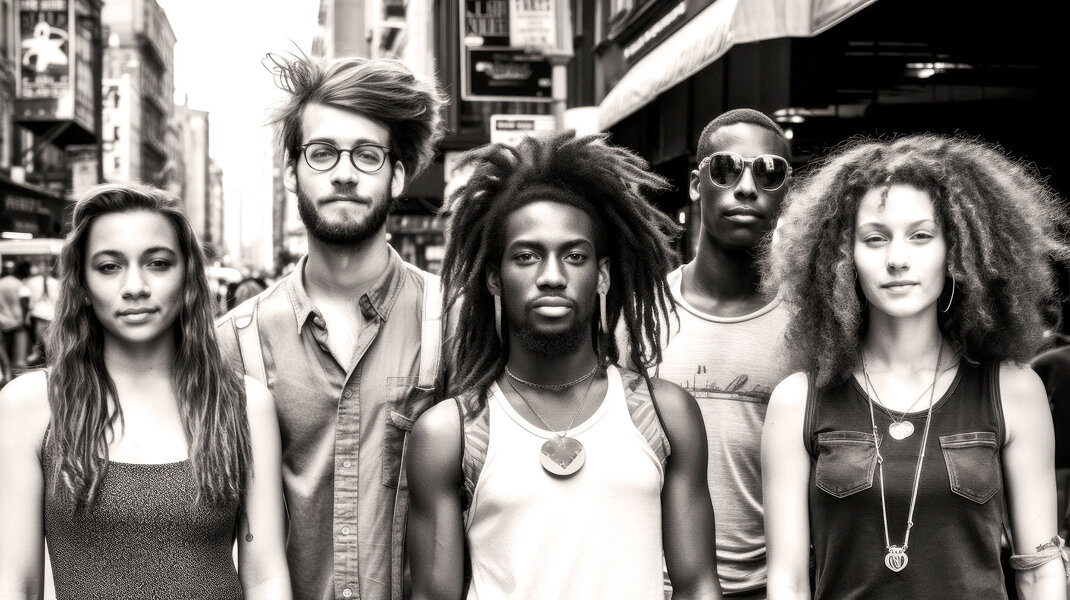 Gruppo di giovani musicisti in centro a New York, con abbigliamento urbano