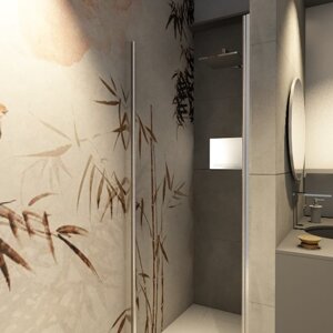 Doccia con tappezzeria in stile giapponese e nicchia luminosa, zona lavabo con specchio