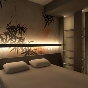 vista camera da letto con bagno, mobili a ripiani, carta da parati in stile giapponese