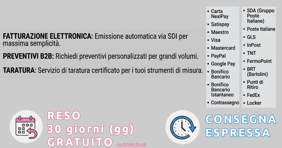 Banner servizi B2B quali fatturazione elettronica preventivi personalizzati taratura degli strumenti, servizi di spedizione espresso locker, metodi di pagamento sicuri e rapidi e resi 30 giorni