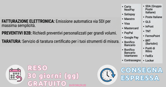 Banner per i servizi B2B di fatturazione elettronica, richiesta preventivi, taratura strumenti di misura, elenco metodi di pagamento nexipay satispay carte bonifico e servizi di spedizione consegna 