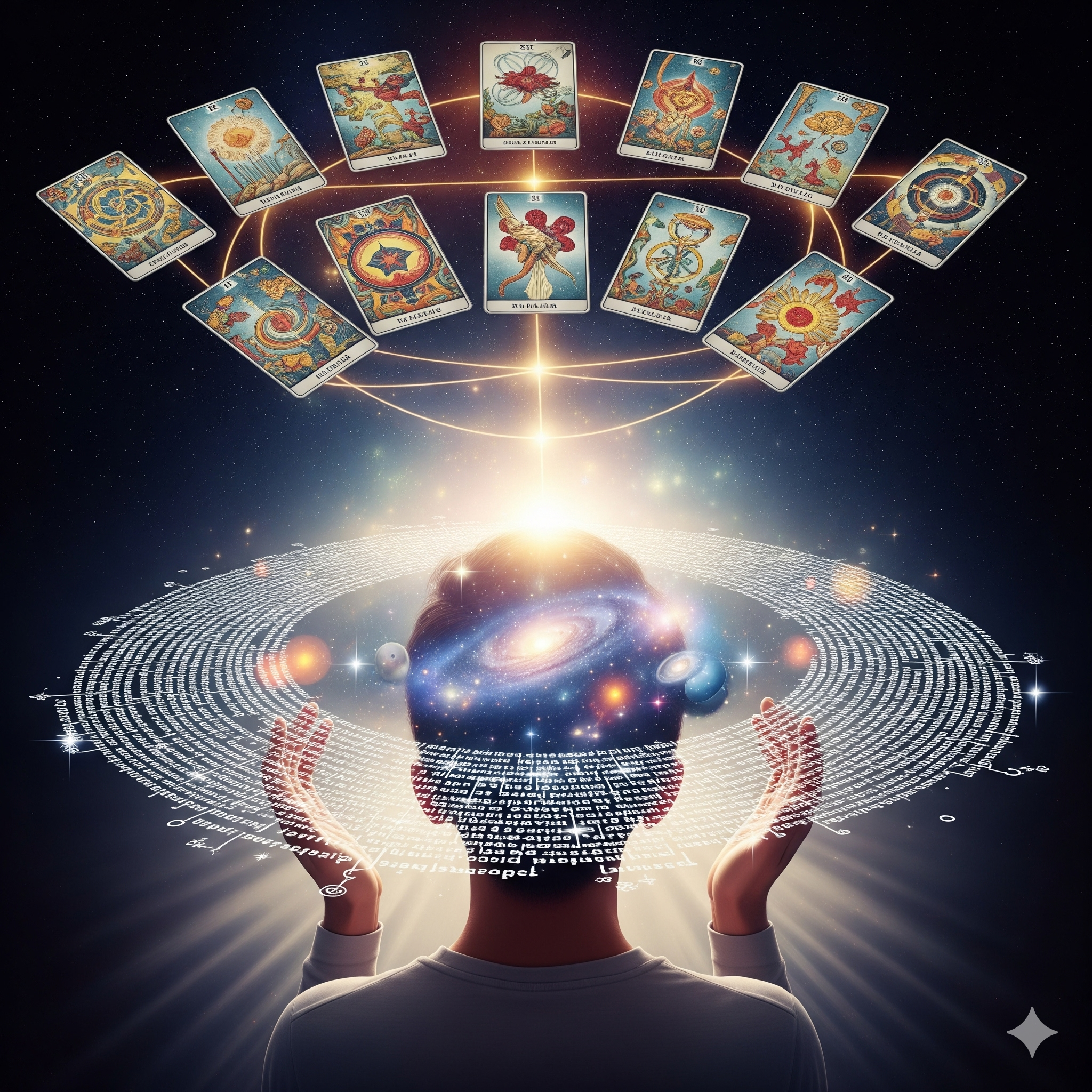 Un'immagine che simboleggia la filosofia della FiloTarologia, mostrando una figura umana con un'aureola di pensieri e parole. Al suo interno, un universo in miniatura, con stelle e galassie in formazione. I tarocchi sullo sfondo rappresentano una mappa, non un destino già scritto, e il tutto comunica il concetto di autorealizzazione e la legge dell'attrazione.