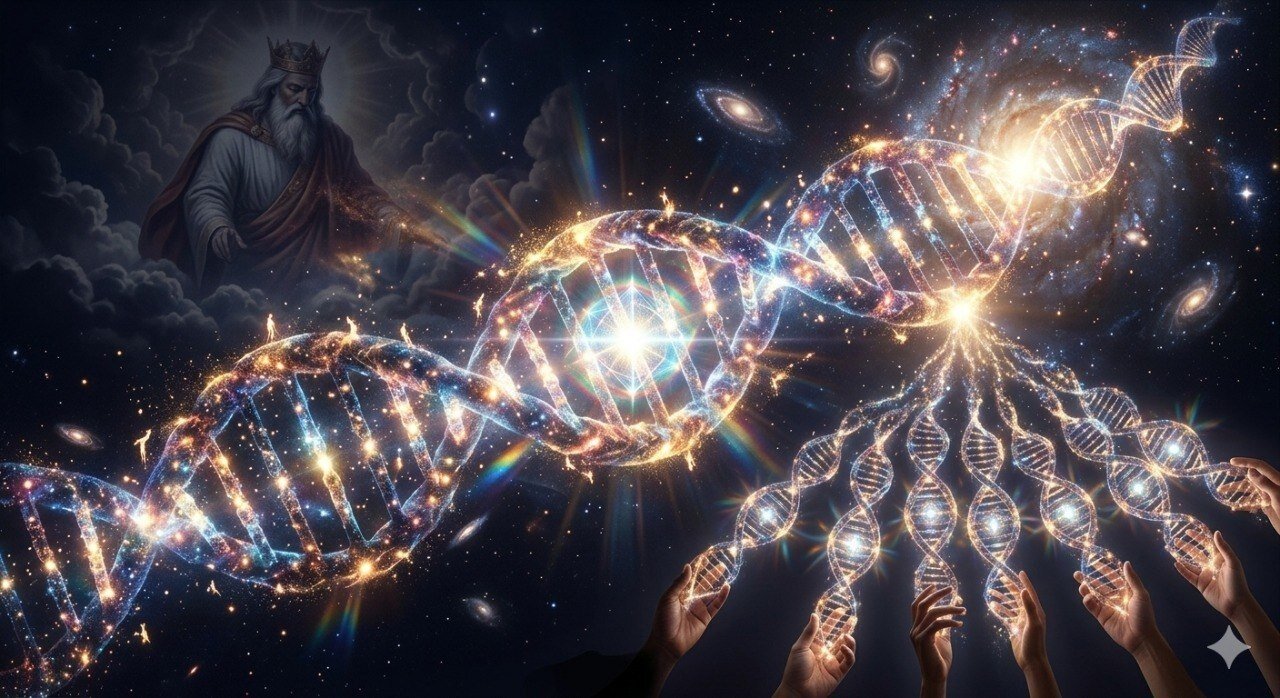 Un'immagine artistica e simbolica di Filotarologia che illustra il DNA come codice cosmico della creazione. Mostra una figura divina (il Dio giudicante tradizionale che sfuma in alto) mentre l'attenzione principale è su un'elica di DNA fatt