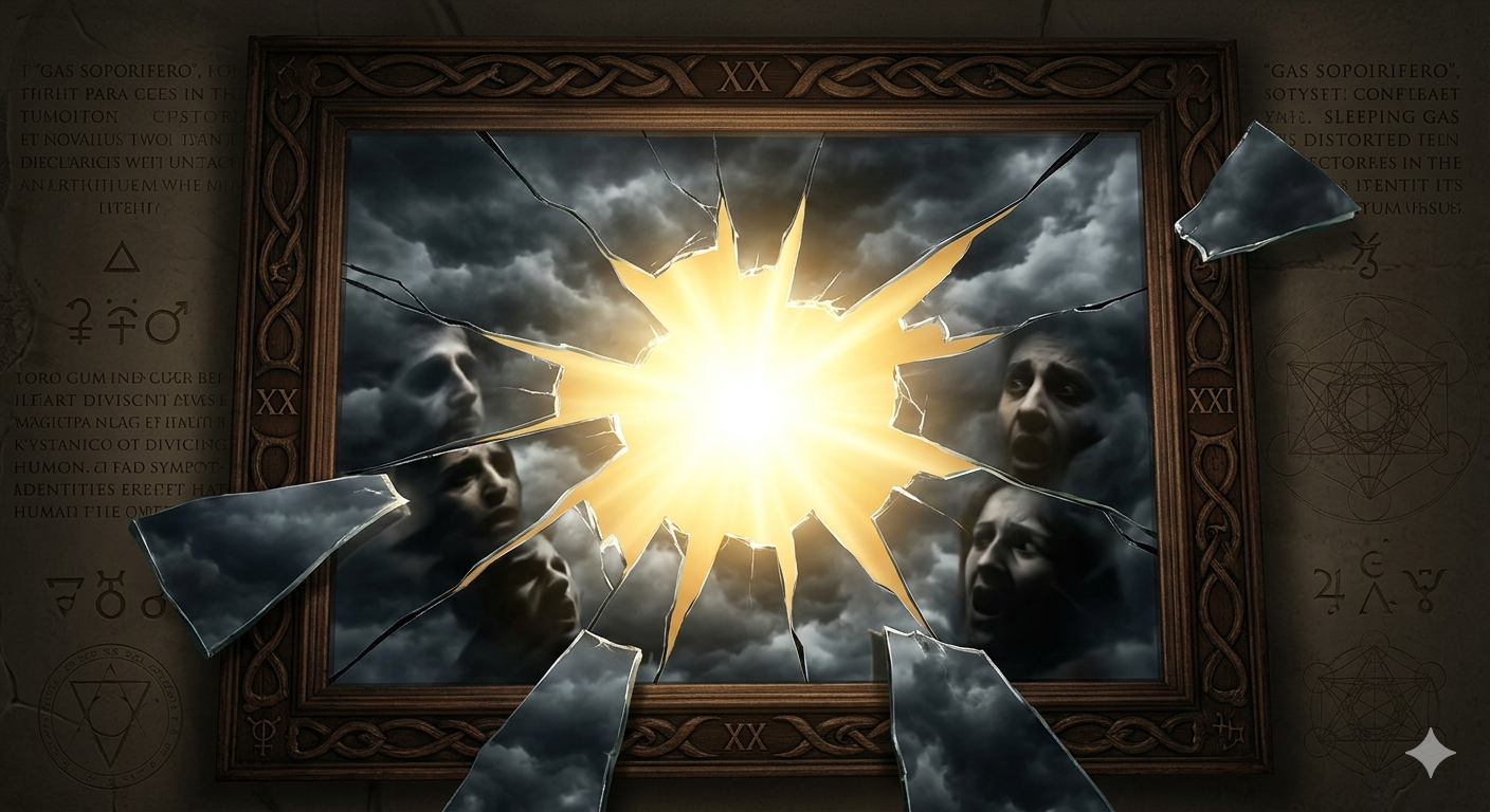 Specchio rotto che rivela la luce interiore, concetto della Legge dello Specchio e superamento dell'illusione egoica.