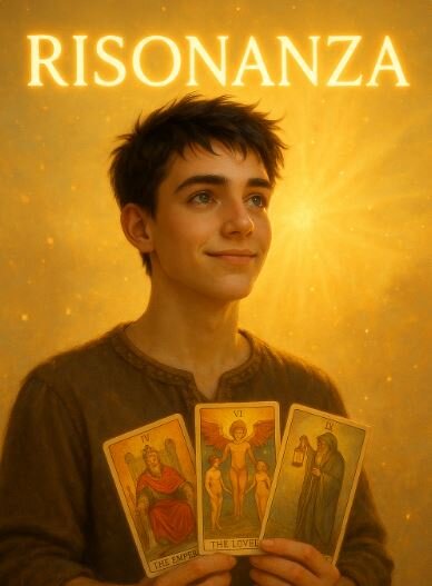 Ragazzo felice che tiene in mano tre arcani maggiori risonanti, insegnano a pensare bene per creare una realtà migliore