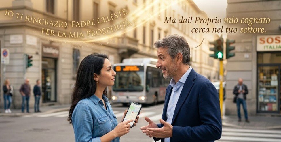 La forza della gratitudine e la sincronicità dell'Universo. Un incrocio di strade dove due persone si incontrano casualmente sotto una luce intensa, a simboleggiare l'aiuto dell'Universo e la risposta alle preghiere di ringraziamento.