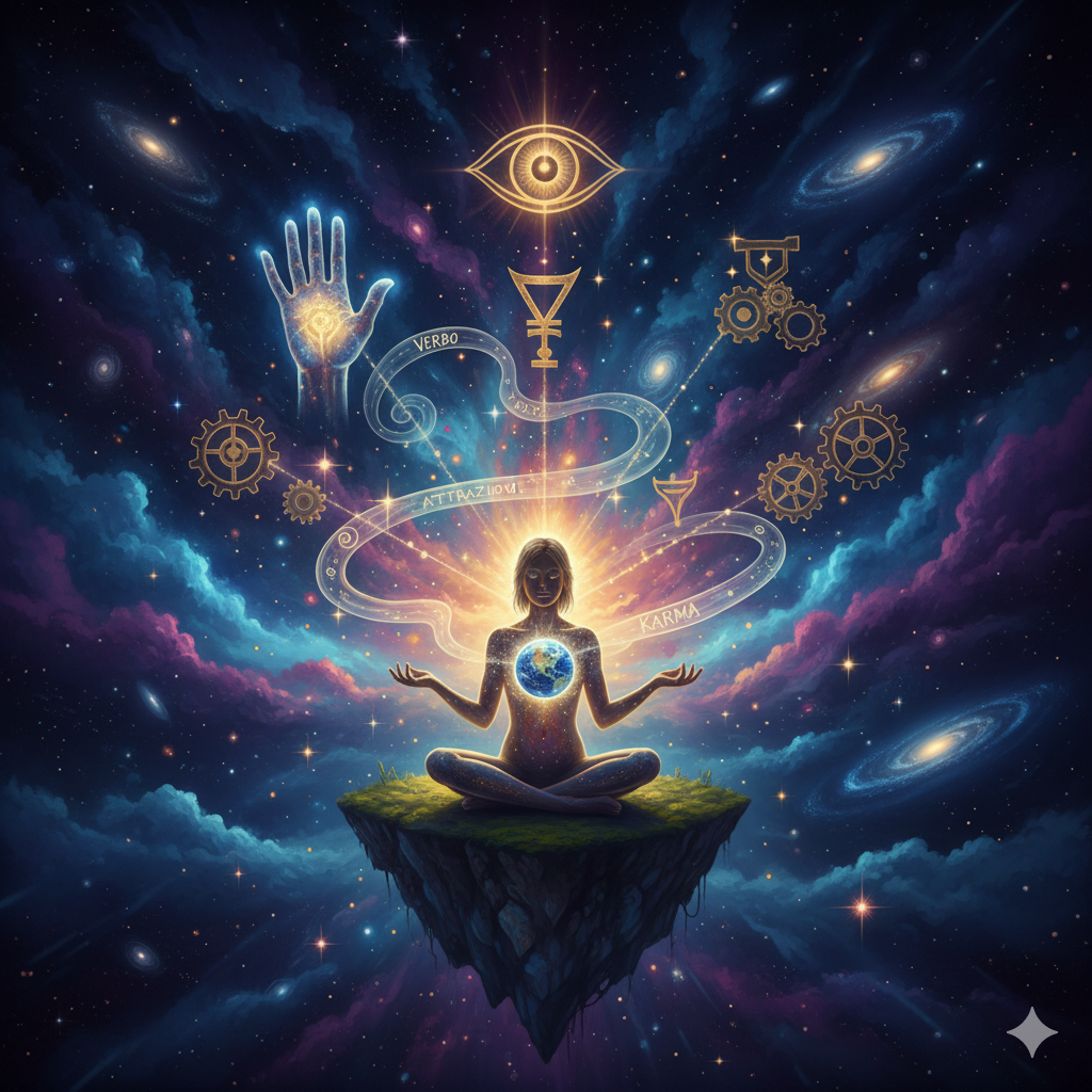 Una scena eterea e mistica che rappresenta le "Leggi Universali". Potrebbe mostrare un cosmo stilizzato con simboli ancestrali o archetipici (come la mano che crea, un occhio che osserva, ingranaggi celesti) che convergono verso una figura umana