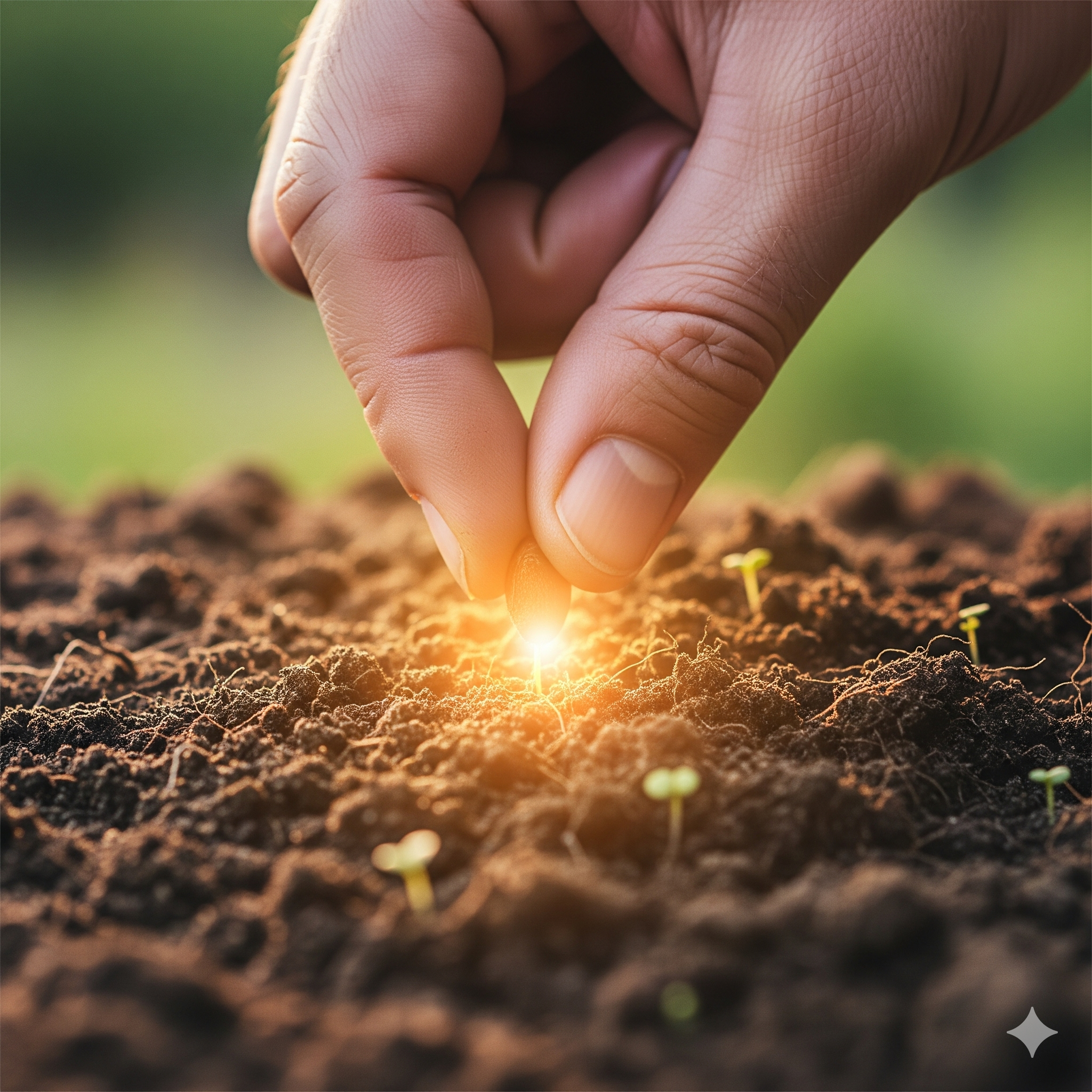 Mano che pianta un piccolo seme in un terreno fertile, con una luce dorata che lo irradia e germogli appena visibili, a rappresentare il potere della parola e la manifestazione.